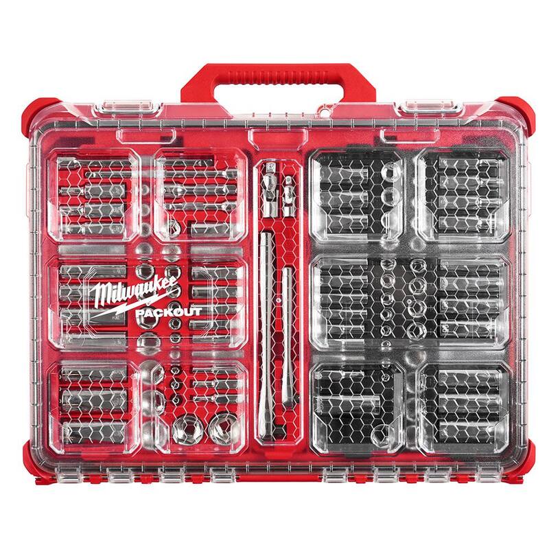 Milwaukee PACKOUT 20 in. 2-Wheel Folding Utility Cart w/3/8 in. and 1/4 in. SAE/Metric Mechanics Set (107-Piece) - 48-22-8415-48-22-9486