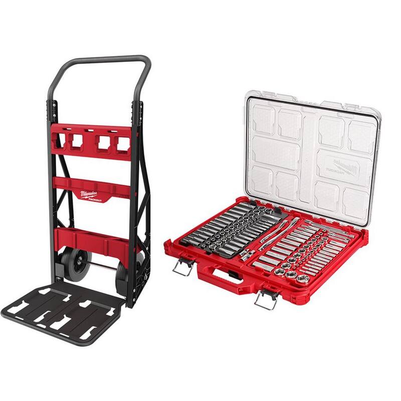 Milwaukee PACKOUT 20 in. 2-Wheel Folding Utility Cart w/3/8 in. and 1/4 in. SAE/Metric Mechanics Set (107-Piece) - 48-22-8415-48-22-9486