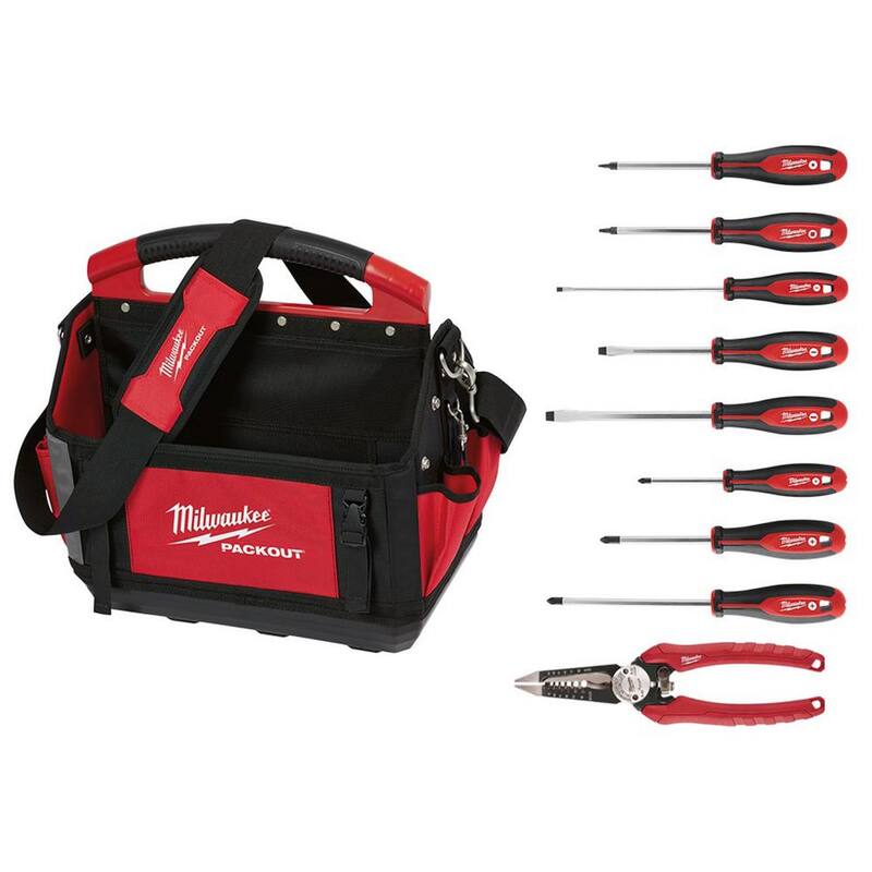 Milwaukee 15 in. PACKOUT Tote with 6-in-1 Wire Strippers Pliers and Screwdriver Set (10-Piece) - 48-22-8315-48-22-2718-48-22-3079