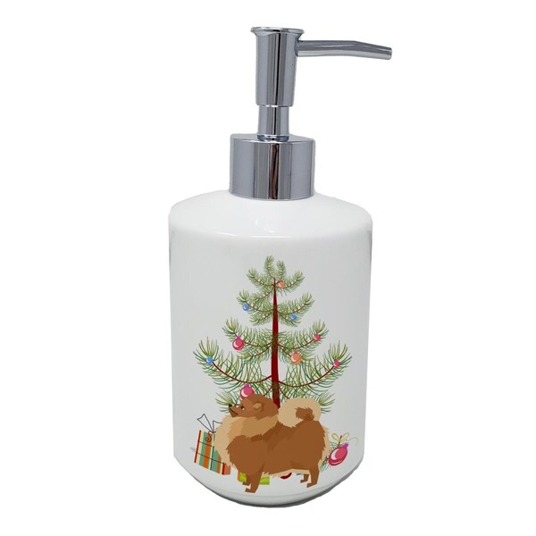 Carolines Treasures 7 x 3.5 in. Pomeranian Christmas Tree Ceramic Soap Dispenser - CK3555SOAP