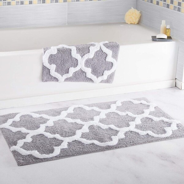 Bedford Home 100 Percent Cotton 2 Piece Trellis Bathroom Mat Set Silver - 67A-78478