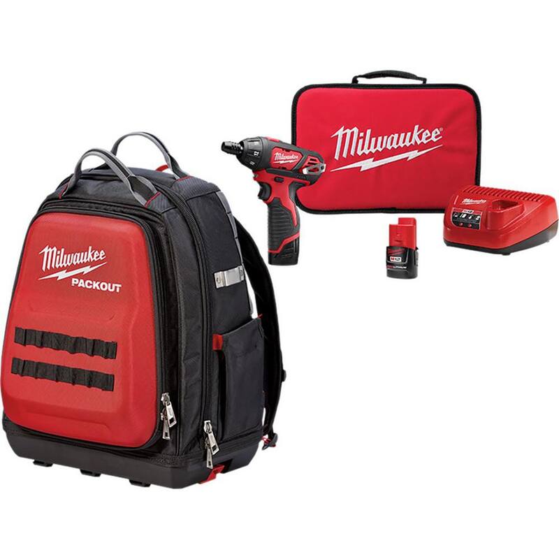 Milwaukee 15 in. PACKOUT Backpack with M12 12-Volt Lithium-Ion Cordless 1/4 in. Hex Screwdriver Kit - 48-22-8301-2401-22