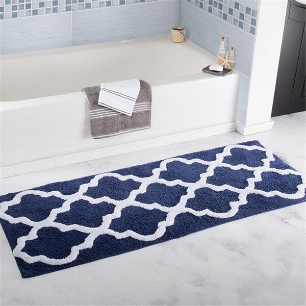 Daphnes Dinnette 24 x 60 in. 100 Percent Cotton Trellis Bathroom Mat - Navy - DA3253079