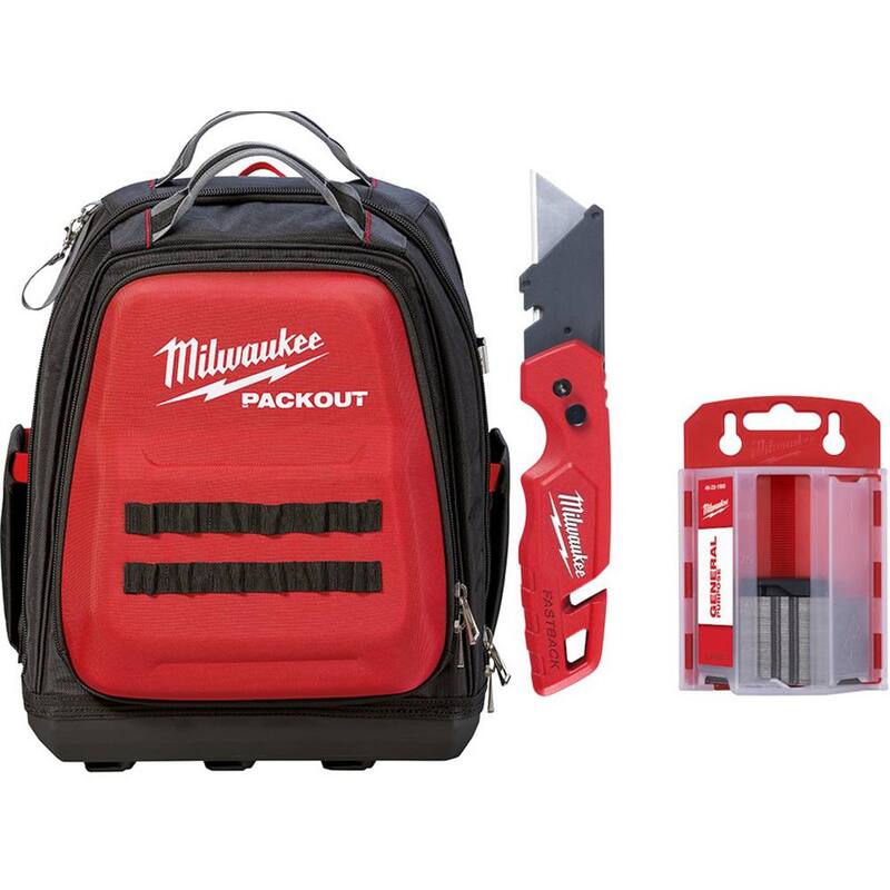 Milwaukee 15 in. PACKOUT Tool Backpack with FASTBACK Folding Utility Knife and 50-Pack General Purpose Utility Blade Set - 48-22-8301-48-22-1504