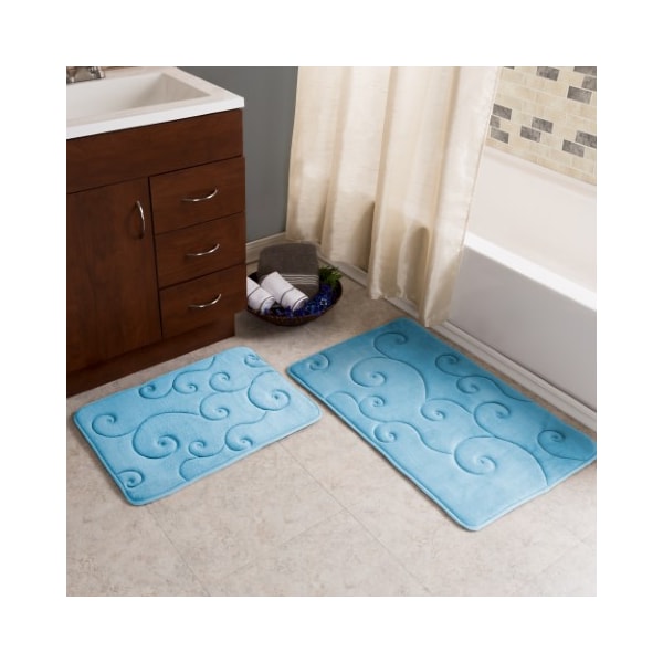 Hastings Home 2 pc Memory Foam Bath Mat Set by Hastings Home -Coral Fleece Embossed Pattern - Blue - 351151WNL