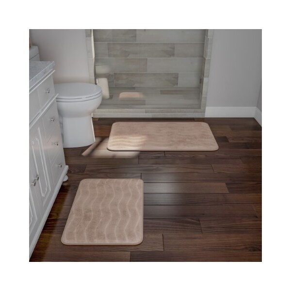 Hastings Home 2-piece Bathroom Rug Set, Memory Foam Mats, Wavy Microfiber Non-Slip Absorbent Runner, Taupe - 762264ZIQ