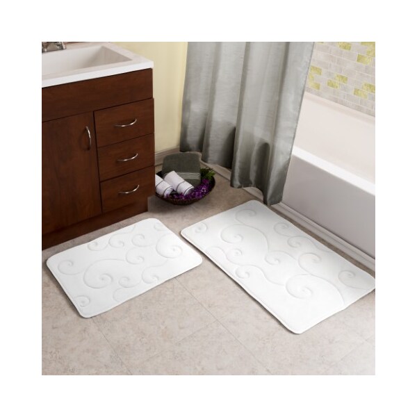 Hastings Home 2 pc Memory Foam Bath Mat Set by Hastings Home -Coral Fleece Embossed Pattern - White - 960804JHY