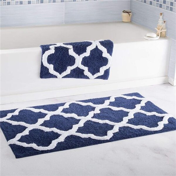 Bedford Home Bedford Home 67A-78515 100 Percent Cotton 2 Piece Trellis Bathroom Mat Set - Navy - 67A-78515