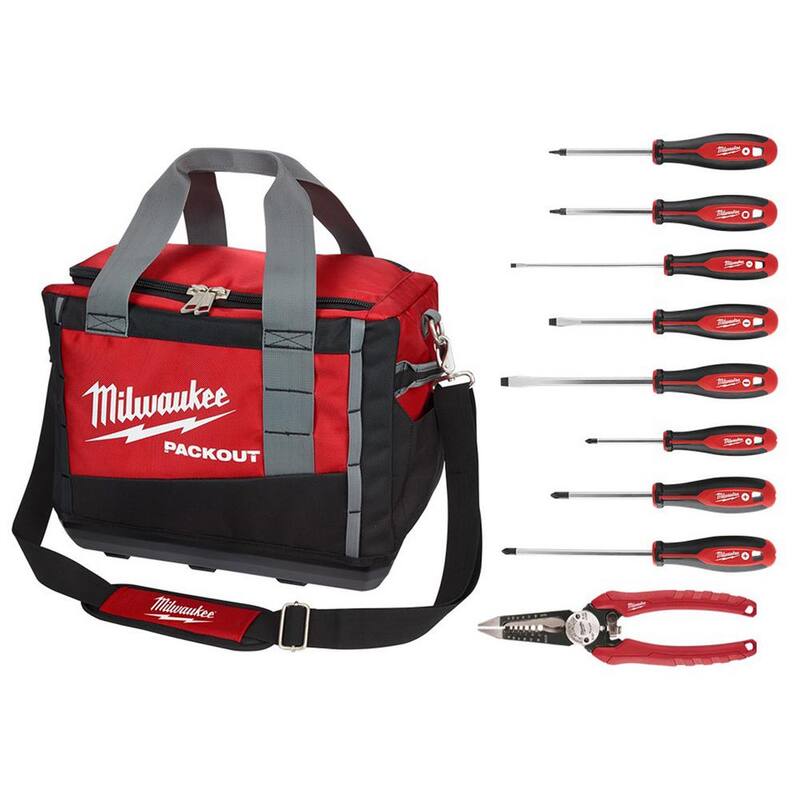 Milwaukee 15 in. PACKOUT Tool Duffle Bag with 6-in-1 Wire Strippers Pliers and Screwdriver Set (10-Piece) - 48-22-8321-48-22-2718-48-22-3079
