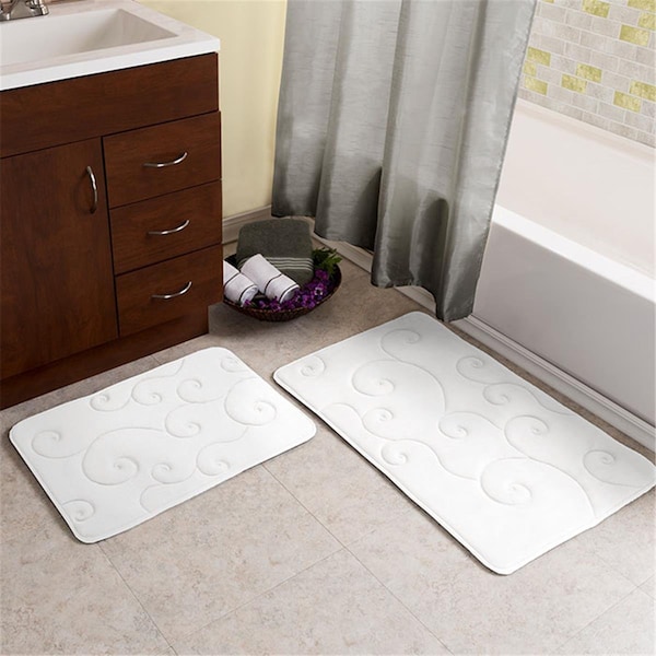 Lavish Home Coral Fleece Embossed Pattern Memory Foam Bath MatWhite - 2 Piece, 2PK - 67-0034-W