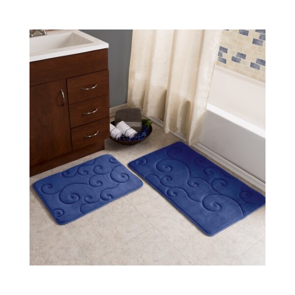 Hastings Home 2 pc Memory Foam Bath Mat Set by Hastings Home -Coral Fleece Embossed Pattern - Navy - 816643PSV