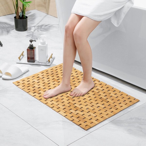 Basicwise Foldable Large Bamboo Bathroom Mat - Non-Slip Design for Showers, Bathtubs, Spas, and Pools - - QI004613.L