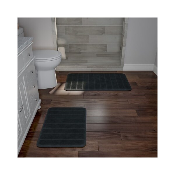 Hastings Home Set of 2 Bathroom Rug Set Memory Foam Mats Striped Microfiber, Non-Slip Absorbent Runner (Black) - 396902CVM