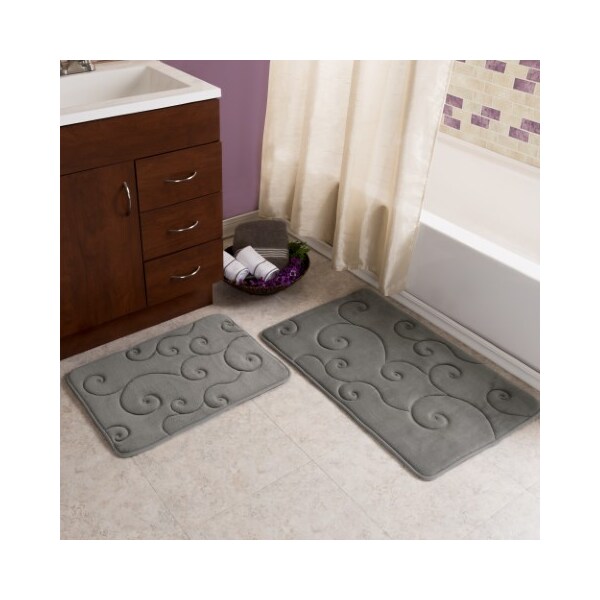 Hastings Home 2 pc Memory Foam Bath Mat Set by Hastings Home -Coral Fleece Embossed Pattern - Platinum - 588220MKH