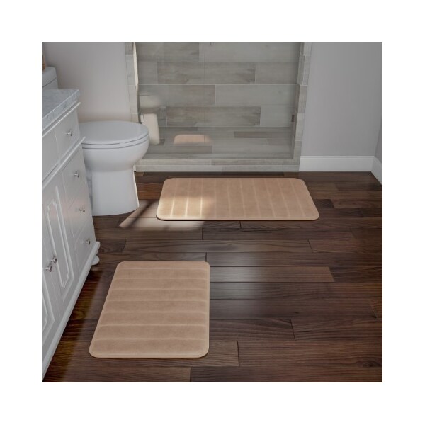 Hastings Home Set of 2 Bathroom Rug Set Memory Foam Mats Striped Microfiber, Non-Slip Absorbent Runner (Taupe) - 313994WUM