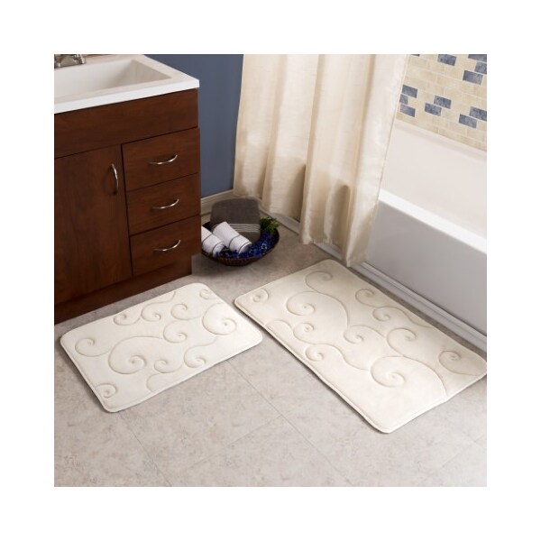 Hastings Home 2 pc Memory Foam Bath Mat Set by Hastings Home -Coral Fleece Embossed Pattern - Ivory - 105745NYL