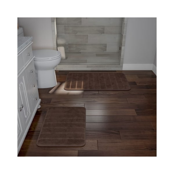 Hastings Home Set of 2 Bathroom Rug Set Memory Foam Mats Striped Microfiber, Non-Slip Absorbent Runner (Brown) - 227354ASL