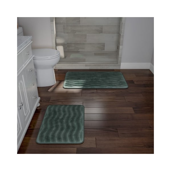 Hastings Home 2-piece Bathroom Rug Set, Memory Foam Mats, Wavy Microfiber Non-Slip Absorbent Runner, Green - 234432THD