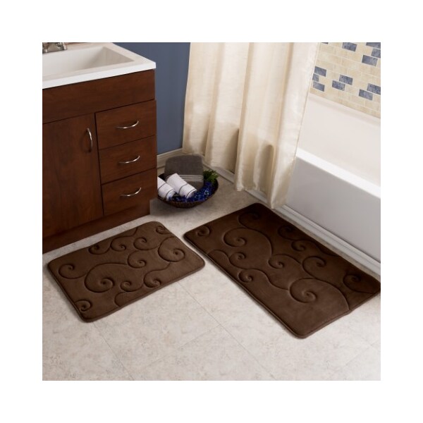 Hastings Home 2 pc Memory Foam Bath Mat Set by Hastings Home -Coral Fleece Embossed - Chocolate - 340629KZI