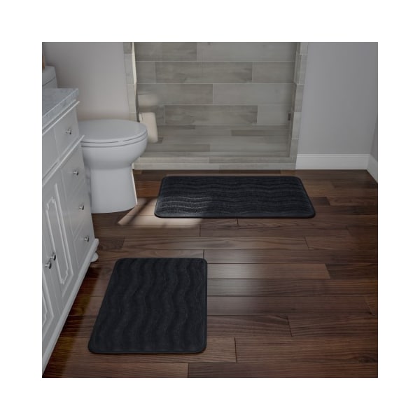 Hastings Home 2-piece Bathroom Rug Set, Memory Foam Mats, Wavy Microfiber Non-Slip Absorbent Runner, Black - 903237XPT