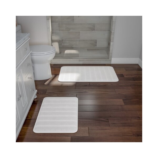 Hastings Home Set of 2 Bathroom Rug Set Memory Foam Mats Striped Microfiber, Non-Slip Absorbent Runner (White) - 576055DBO