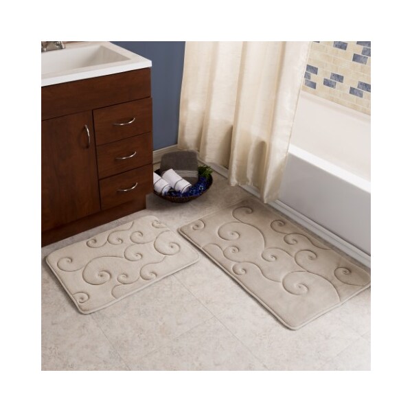 Hastings Home 2 pc Memory Foam Bath Mat Set by Hastings Home -Coral Fleece Embossed Pattern - Taupe - 254222JQX