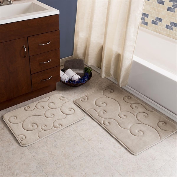 Lavish Home Coral Fleece Embossed Pattern Memory Foam Bath MatTaupe - 2 Piece, 2PK - 67-0034-T
