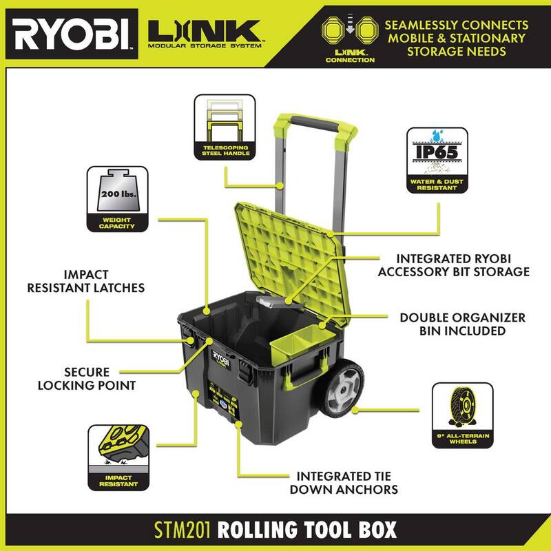 RYOBI LINK Rolling Tool Box and Standard Tool Box with Wall Rail (2-Pack) - STM201-STM101-STM504