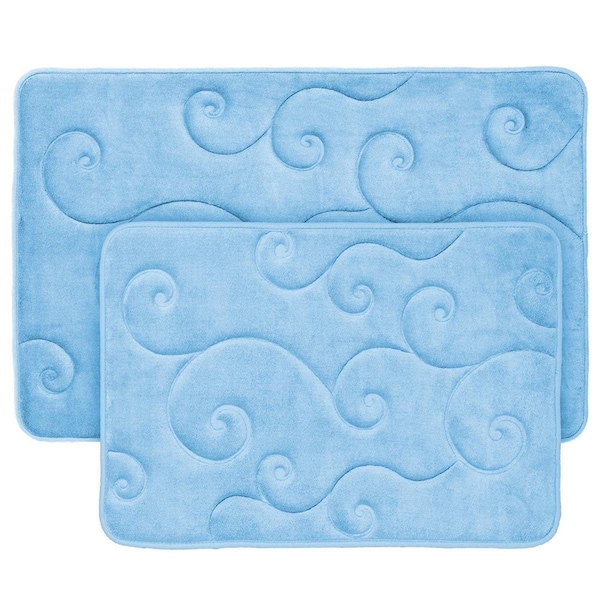 Bedford Home 2 Piece Memory Foam Bath Mat Set by Coral Fleece Embossed Pattern Blue - 67A-36796
