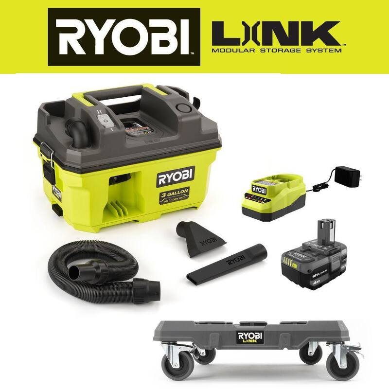 RYOBI LINK Rolling Base with ONE+ 18V LINK Cordless 3 Gal. Wet/Dry Vacuum Kit with 4.0 Ah Battery and 18V Charger - STM204-PCL734K