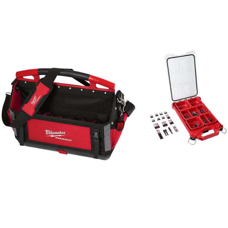 Milwaukee 20 in. PACKOUT Tote with SHOCKWAVE Impact Duty Alloy Steel Screw Driver Bit Set with PACKOUT Case (100-Piece) - 48-22-8320-48-32-4082