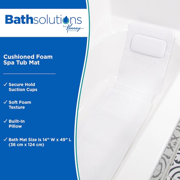 Kenney Mfg Cushioned Foam Spa Tub Mat, 14in W x 49in L, White - KN61263
