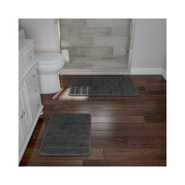 Hastings Home Set of 2 Bathroom Rug Set Memory Foam Mats Striped Microfiber, Non-Slip Absorbent Runner (Gray) - 218803IUS