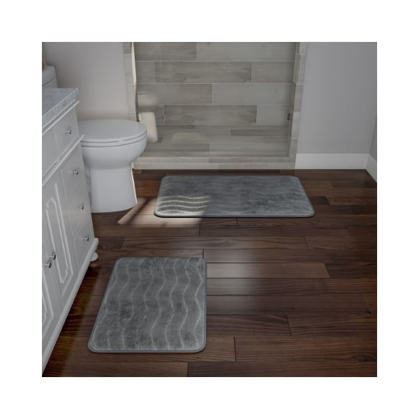 Hastings Home 2-piece Bathroom Rug Set, Memory Foam Mats, Wavy Microfiber Non-Slip Absorbent Runner, Gray - 589694OJW