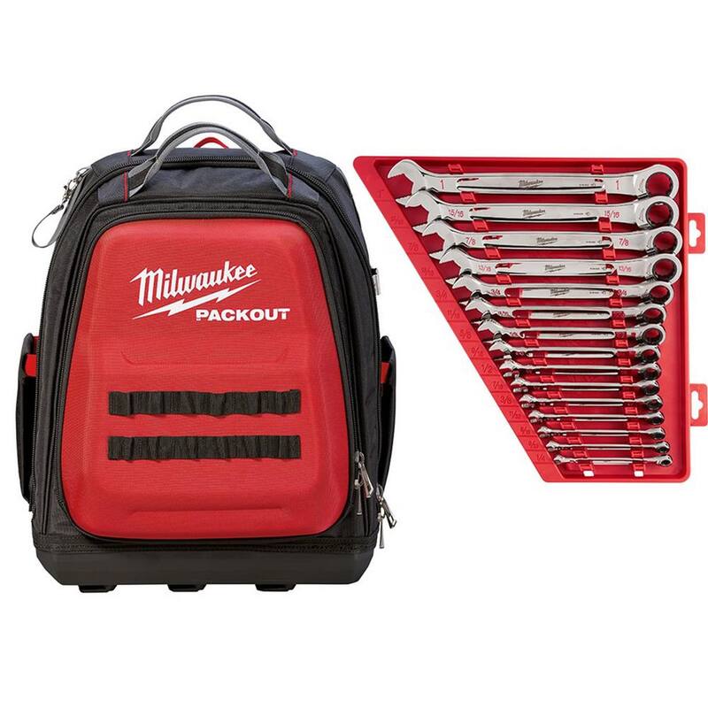 Milwaukee 15 in. PACKOUT Backpack with SAE Combination Ratcheting Wrench Set (15-Piece) - 48-22-8301-48-22-9416