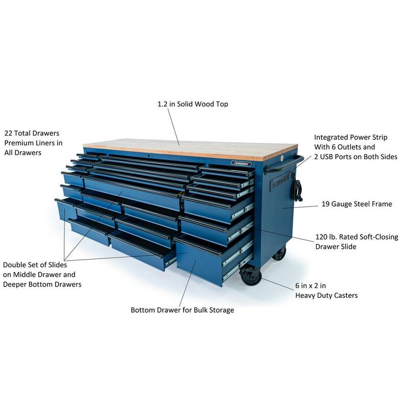 Husky Tool Storage Heavy Duty 84 in. W x 24 in. D Matte Blue Mobile Workbench Cabinet - HOTC8422BL2M