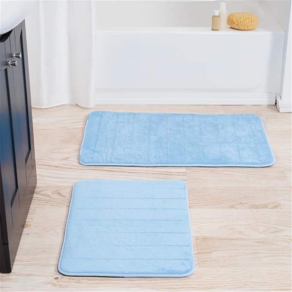Lavish Home Lavish Home 2 Piece Memory Foam Striped Bath Mat Set - Blue - 67-16-B