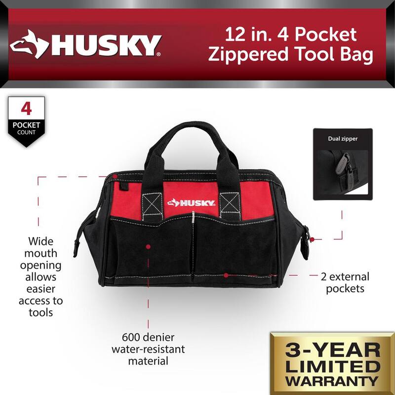 Husky 12 in 4 Pocket Zippered Tool Bag - HD60012-TH