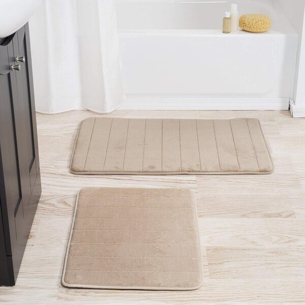 Bedford Home 2 Piece Memory Foam Striped Bath Mat, Taupe - 67A-77439