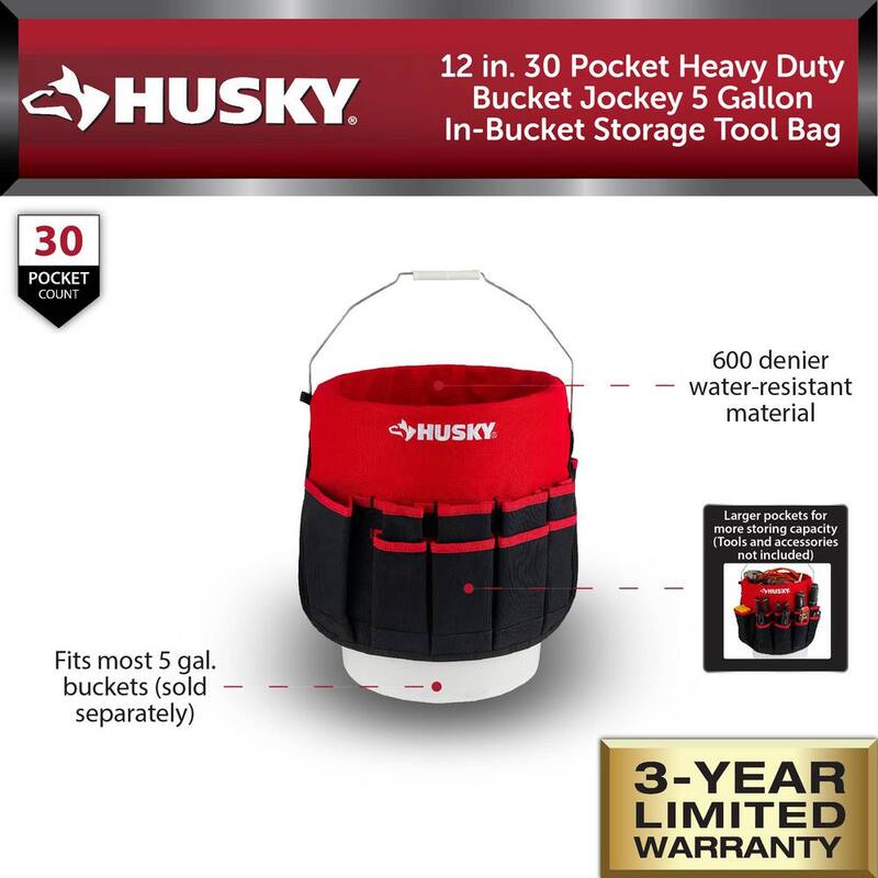 Husky 12 in. 30 Pocket Heavy Duty Bucket Jockey 5 Gallon In-Bucket Storage Tool Bag - HD10030-TH