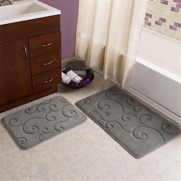 Lavish Home Coral Fleece Embossed Pattern Memory Foam Bath MatPlatinum - 2 Piece, 2PK - 67-0034-P