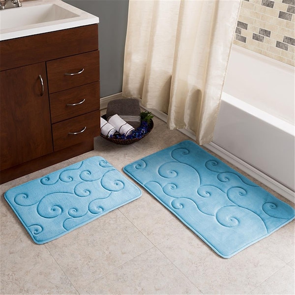 Lavish Home Lavish Home 67-0034-B Coral Fleece Embossed Pattern Memory Foam Bath Mat; Blue - 2 Piece - 67-0034-B