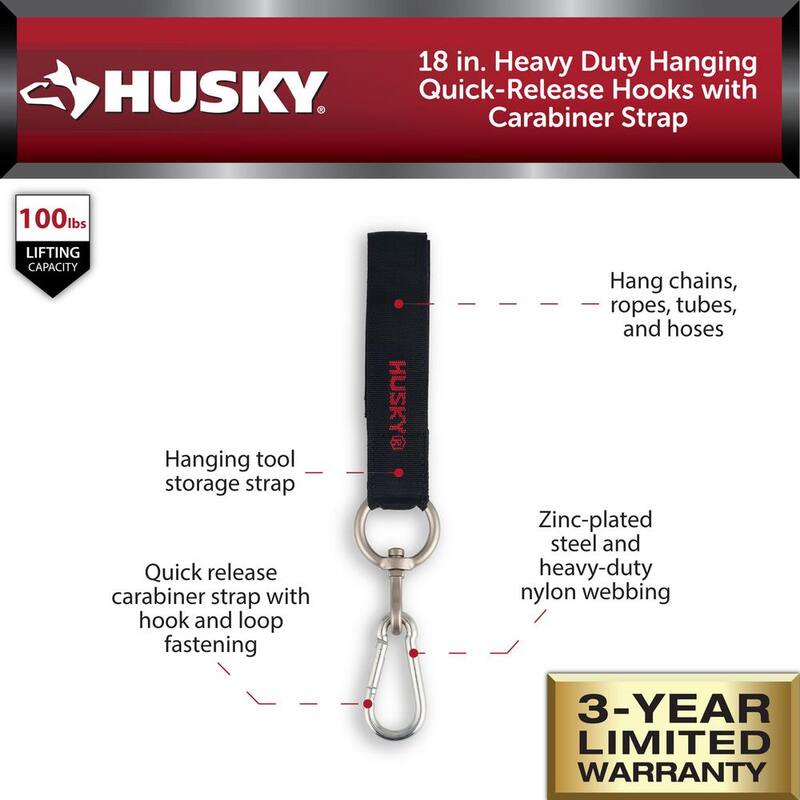 Husky 18 in. Heavy Duty Hanging Quick-Release Hooks with Carabiner Strap - HD00138-TH