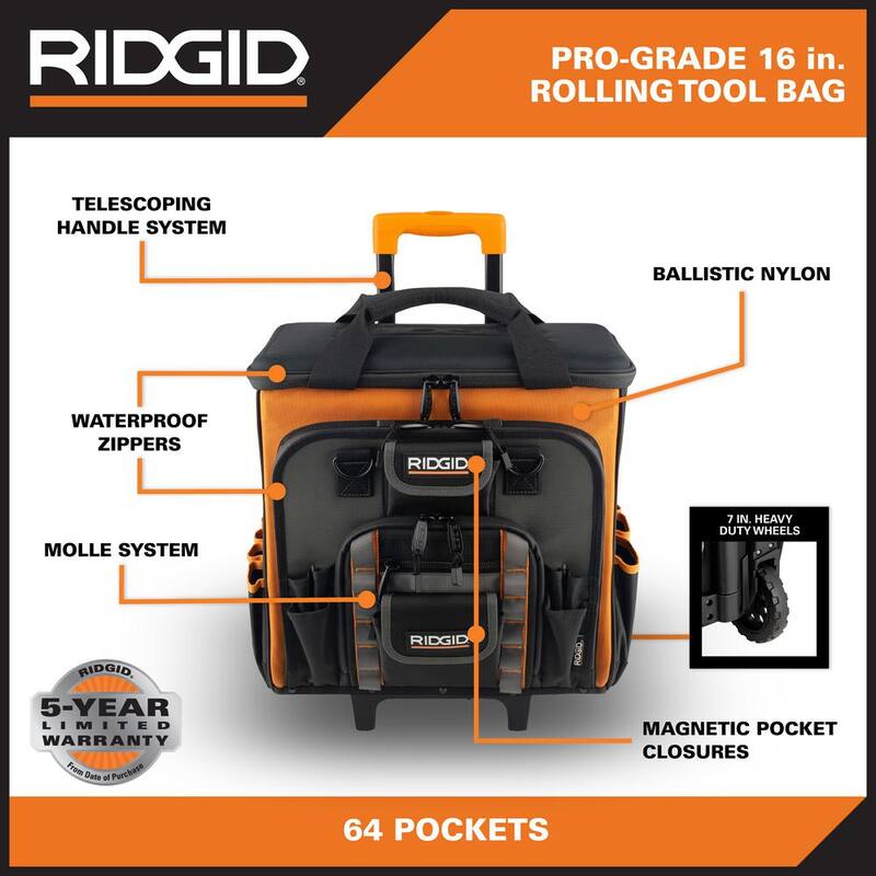 RIDGID 17 in. 64 Pocket Professional Grade Rolling Tool Bag - RD65016-TH