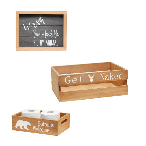 Elegant Designs Three Piece Decorative Wood Bathroom Set, Large, Cabin/Lodge/Rustic - HG3000-NCL