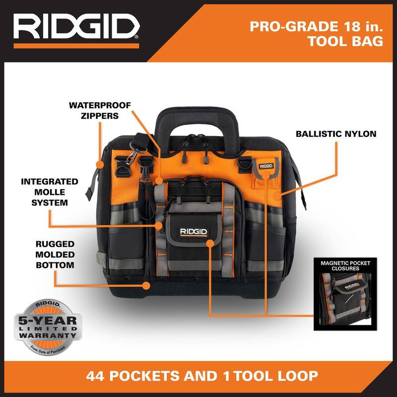 RIDGID 18 in. 44 Pocket Professional Grade Tool Bag - RD64018-TH