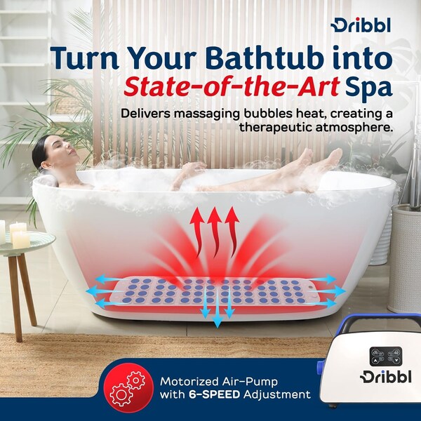 Dribbl Electric Bubble Massage Mat, Waterproof Spa Mat for Bath, Heated, Remote Control, 6 Speeds - DRIBHOSPABB