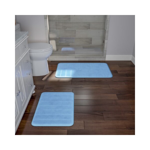 Hastings Home Set of 2 Bathroom Rug Set Memory Foam Mats Striped Microfiber, Non-Slip Absorbent Runner (Blue) - 555000DGU