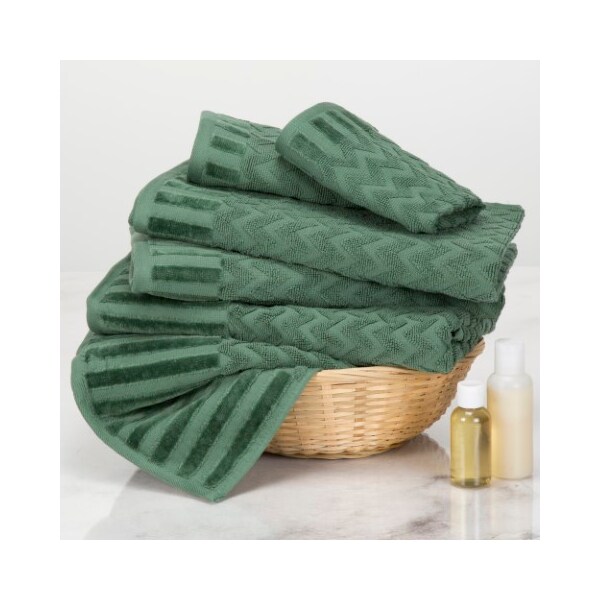 Hastings Home 6-Piece Cotton Deluxe Plush Bath Towel Set, Chevron Pattern Spa Luxury Decorative Towels, Green - 115298RSY