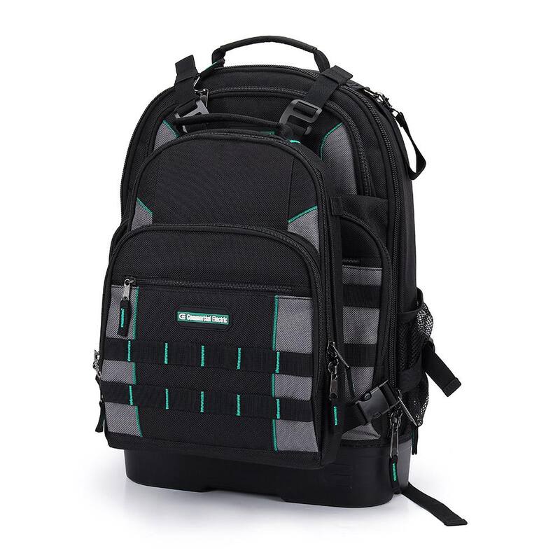 Commercial Electric 14.37 in. W 27 Total Pockets Black Fabric Electrical and HVAC Technician's Backpack with Pockets (1 Each) - CE191108